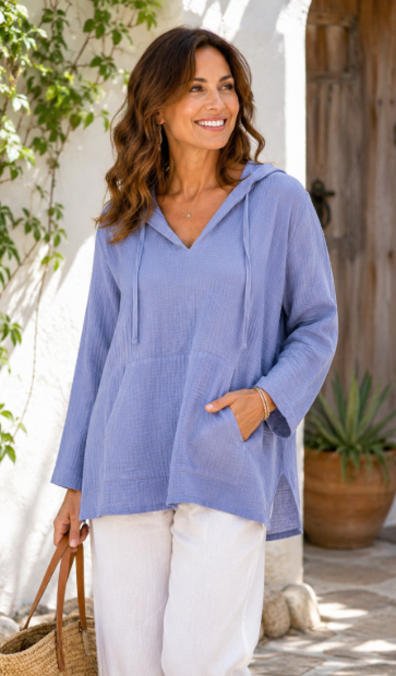 J Jill pure gauze hoodie medium blue relaxed cottagecore resort coastal tunic